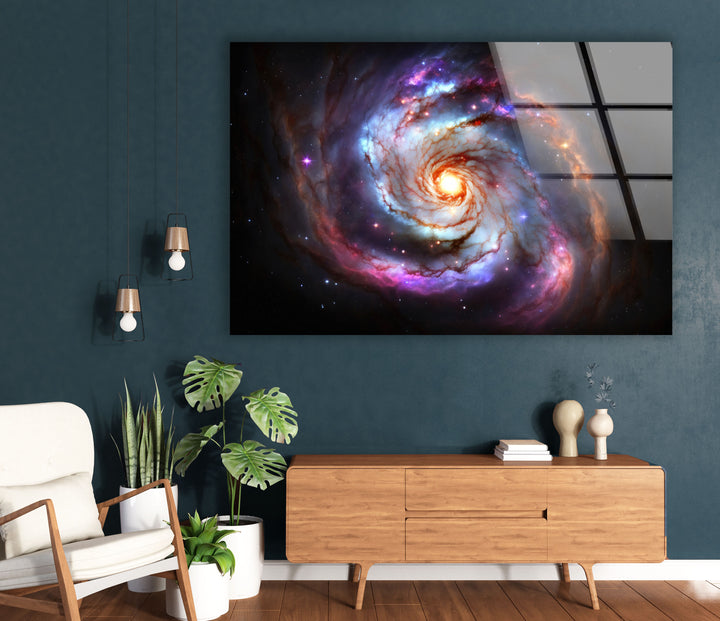 Galaktische Spirale Wandkunst – Lebendiger Weltraumnebel-Glasdruck 