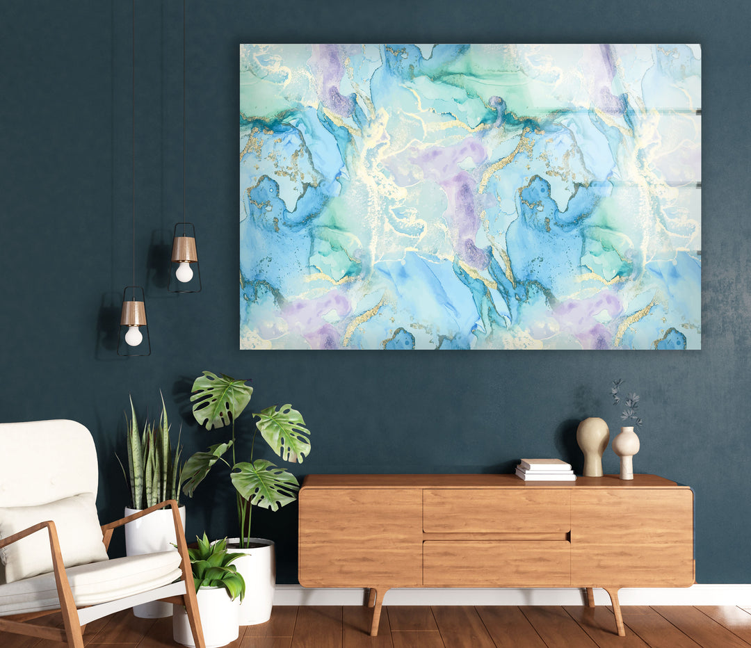 Pastel Blue & Lavender Abstract Wall Art – Marble Glass Print Decor
