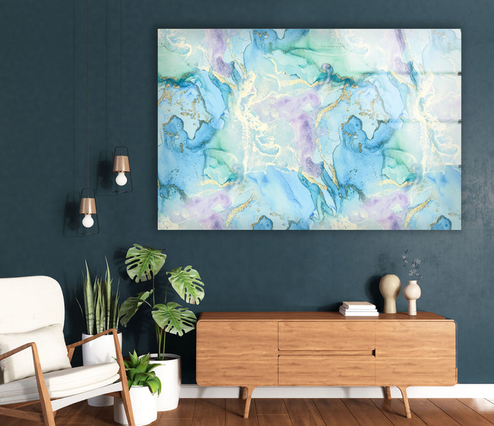 Pastel Blue & Lavender Abstract Wall Art – Marble Glass Print Decor