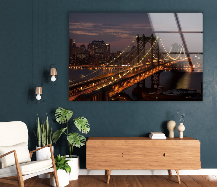 Brooklyn Bridge Glaswandkunst – Atemberaubender Nachtblick auf die ikonische