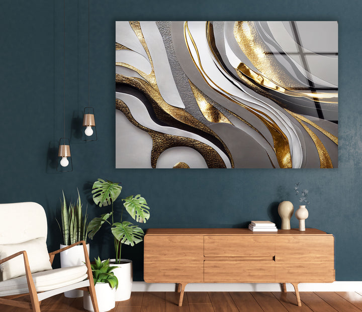 Luxuriöse Wandkunst in Silber und Gold – Abstrakter Glasdruck für Innenräume 