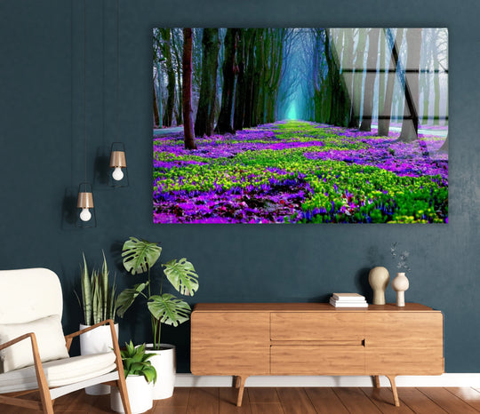 Cool color temperature dominates this flower pathway glass art, highlighting the serene spring landscape’s path between trees in this elegant piece of glass art.