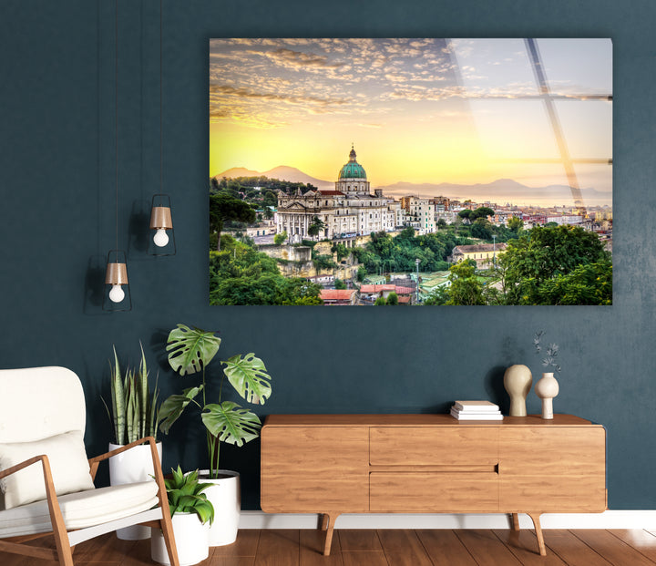Glaswandkunst mit Blick auf die Skyline von Neapel bei Sonnenuntergang – Ikonisches italienisches Stadtbild mit Blick auf den Vesuv