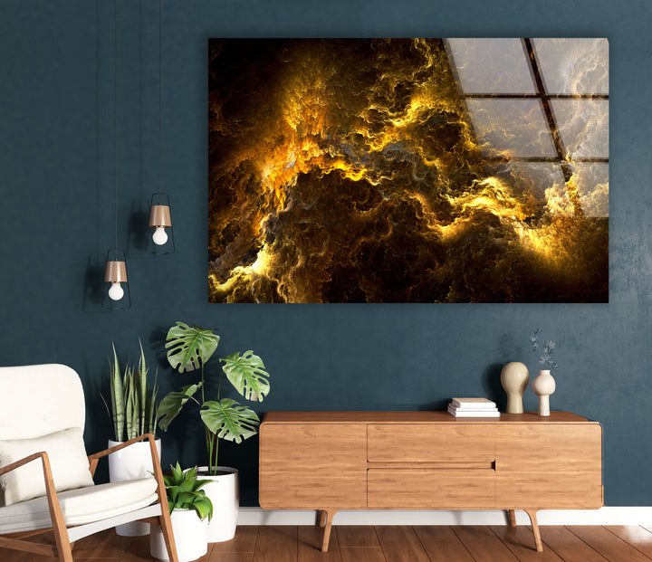 Golden Storm Nebula Wandkunst – Abstrakter kosmischer Glasdruck 