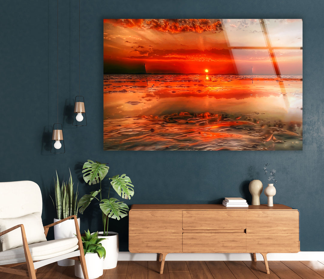 Feurige Sonnenuntergangsküste Wandkunst – Lebendiger Ozean-Glasdruck 