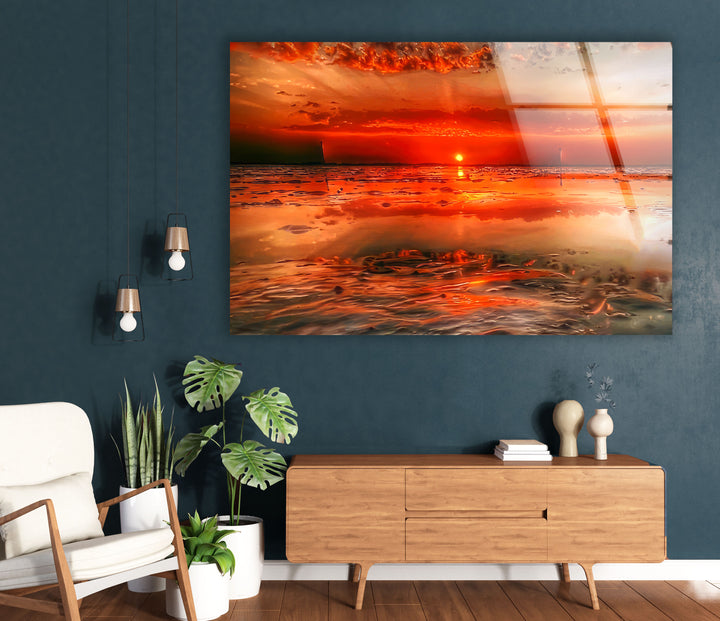 Feurige Sonnenuntergangsküste Wandkunst – Lebendiger Ozean-Glasdruck 
