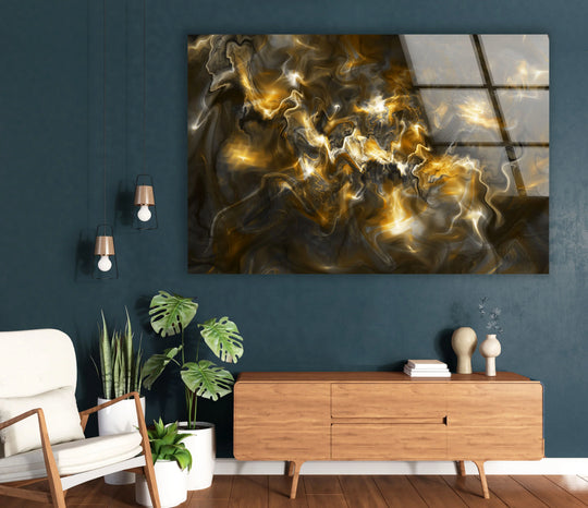 Bold strokes of saturated golden hues swirl and blend across this abstract marble glass wall artwork, creating a vibrant, energetic composition.