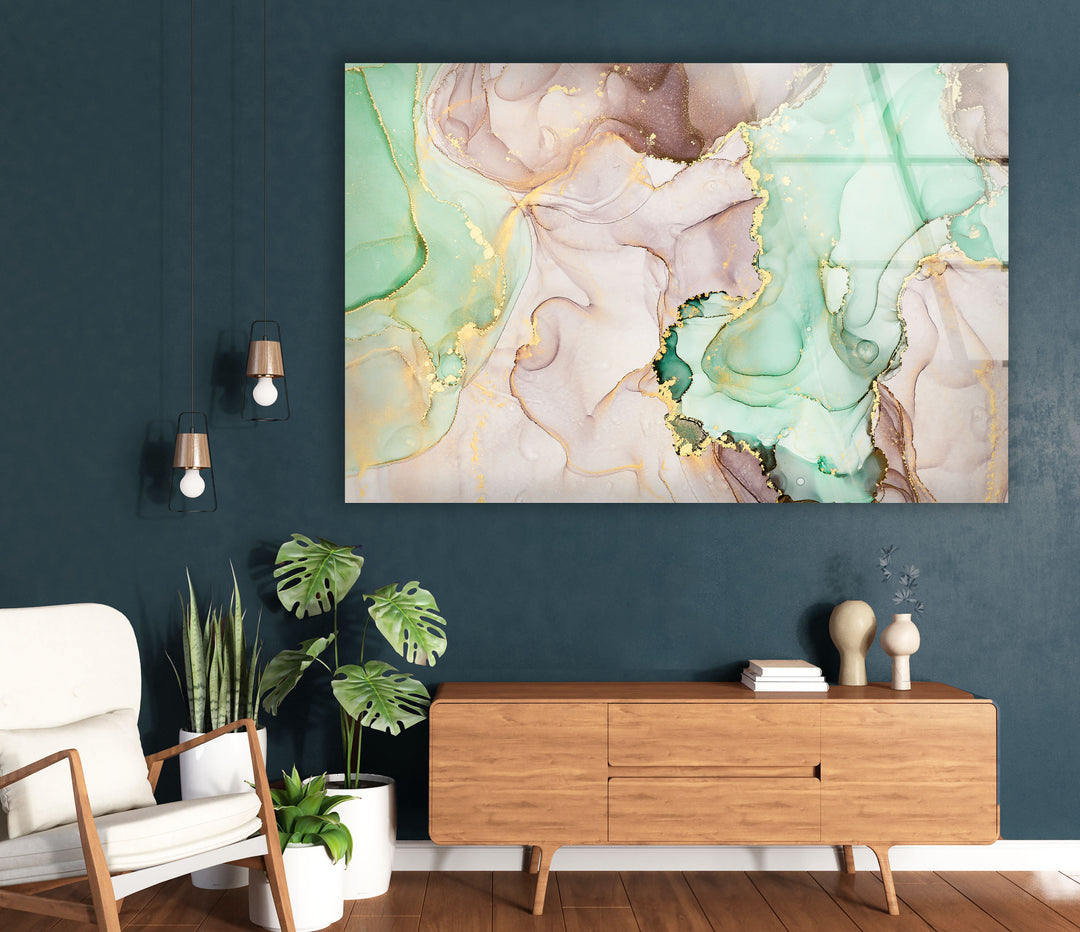 Mint & Gold Marble Wall Art – Pastel Abstract Glass Print Decor