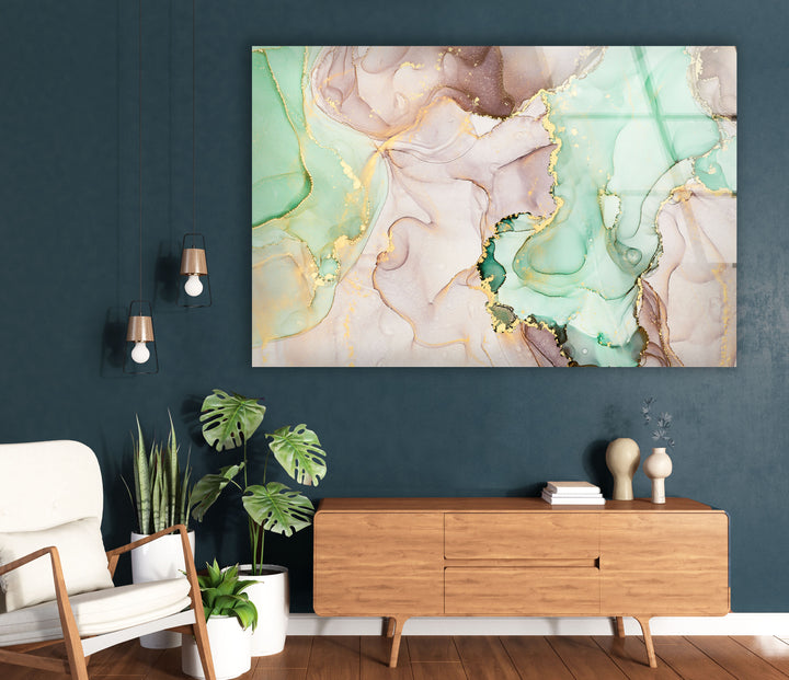 Mint & Gold Marble Wall Art – Pastel Abstract Glass Print Decor