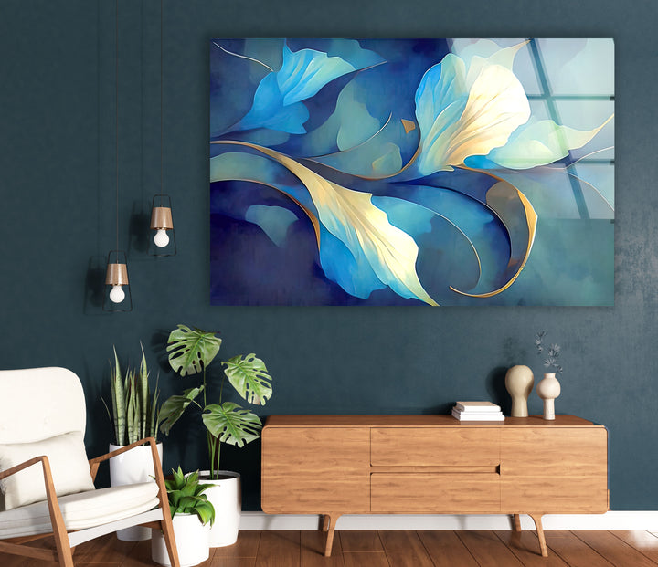 Blue Bloom Wandkunst – Eleganter floraler Glasdruck für Wohnräume 