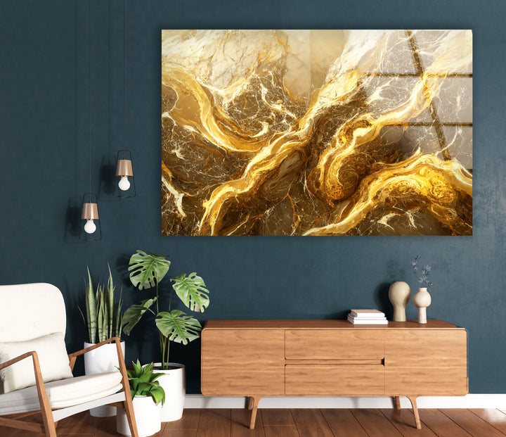 Abstrakte Wandkunst aus goldenem Marmor – Eleganter Glasdruck für Innenräume 