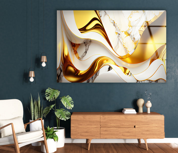 Gold Wave Marble Wall Art – Abstract Glass Print for Luxe Interiors