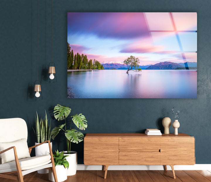 Lake Tree Landscape Wall Art – Serene Nature Scene Glass Print