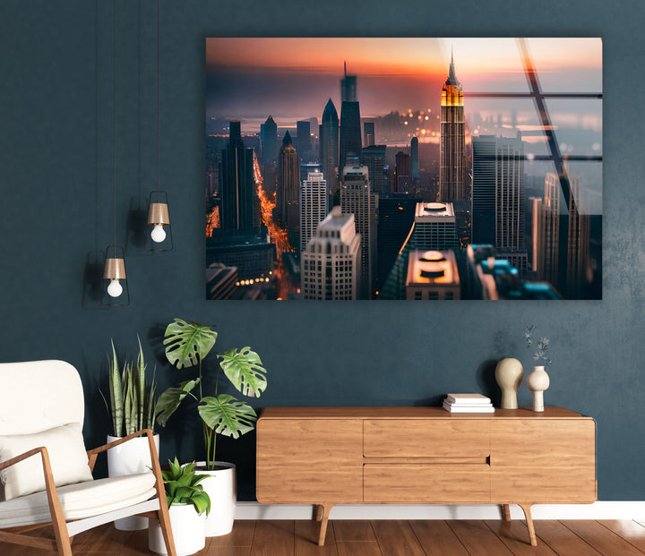 Empire State Building Wandkunst – NYC Skyline bei Sonnenuntergang Glasdruck 