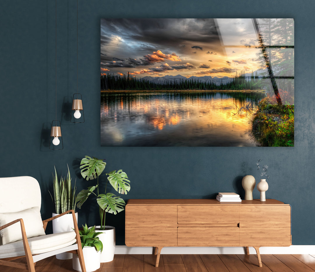 Sunset Lake Wall Art – Serene Forest Landscape Glass Print