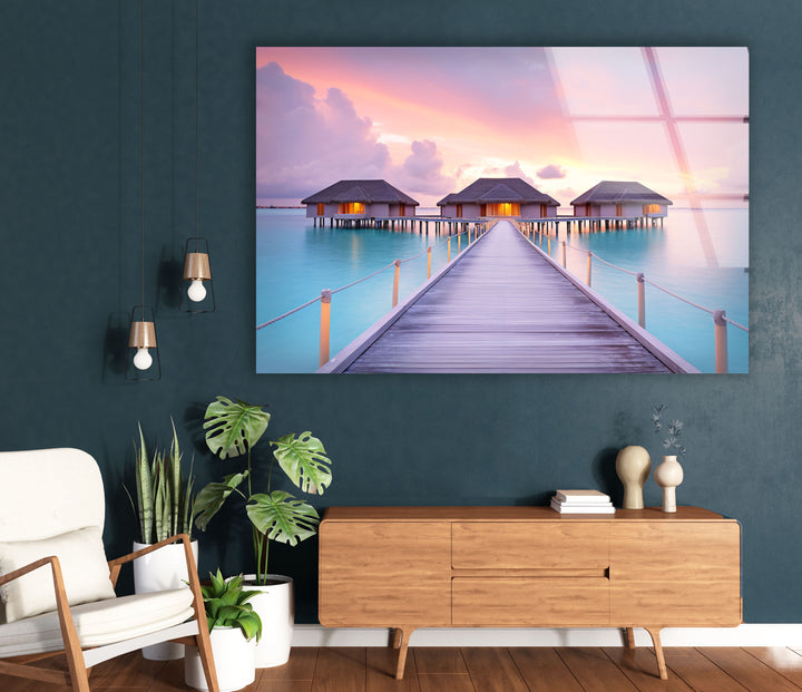 Wandkunst „Überwasserbungalows“ – Glasdruckdekor „Tropischer Sonnenuntergang“ 