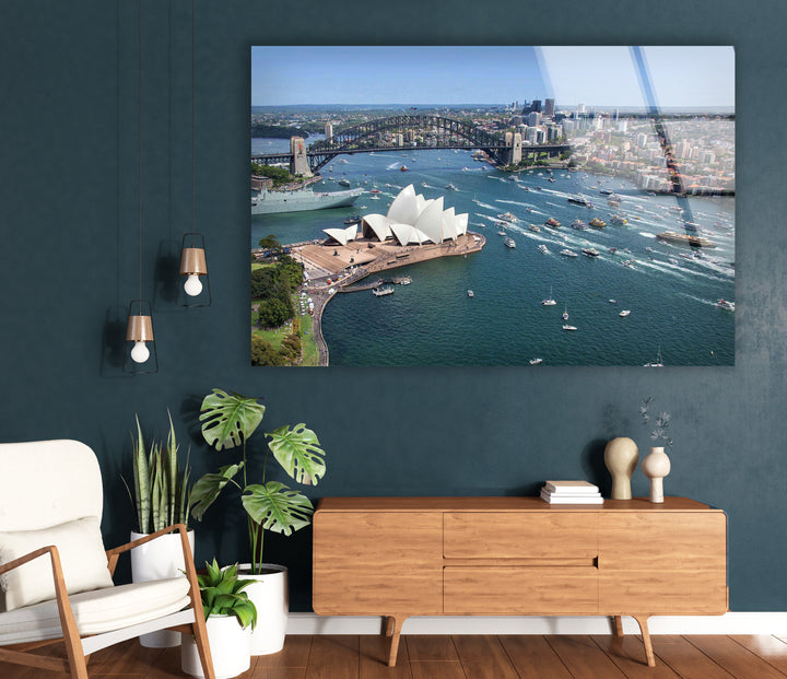 Glaswandkunst des Sydney Opera House – Ikonischer Blick auf Australiens Wahrzeichen und die Harbour Bridge