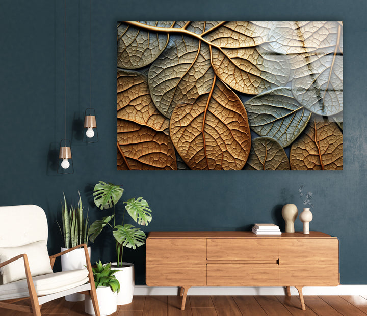 Golden Autumn Leaves Wall Art – Textured Nature Glass Decor