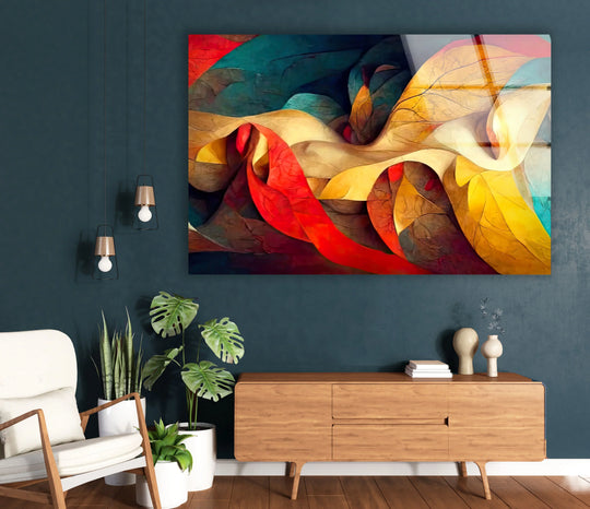 Sunlight casts dramatic shadows across the Radiant Flow abstract glass print, highlighting the vibrant interplay of light and deep colors in this decorative wall art.
