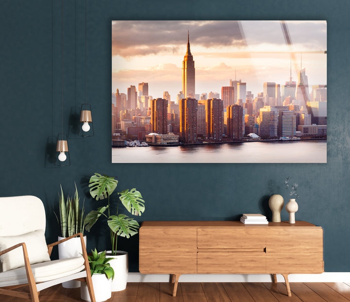 Glaswandkunst des Empire State Buildings – Atemberaubende Skyline von NYC bei Sonnenuntergang