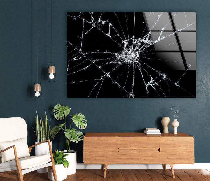 Wandkunst aus zerbrochenem Glas – Moderner abstrakter Druck in Schwarzweiß 