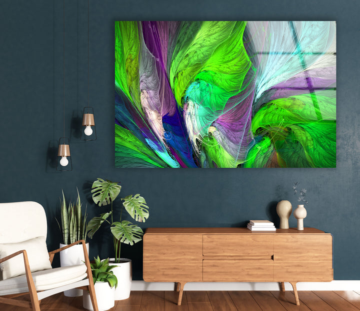 Grün &amp; Lila Abstrakte Wandkunst – Fraktale Feder Glasdruck 
