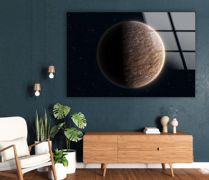 Wandkunst auf der Mondoberfläche – Minimalistischer Weltraum-Glasdruck 