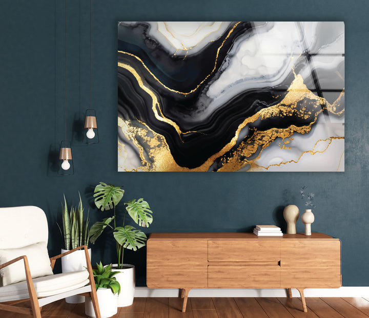 Schwarz-Gold-Marmor-Wandkunst – Luxuriöses abstraktes Glasdruck-Dekor 
