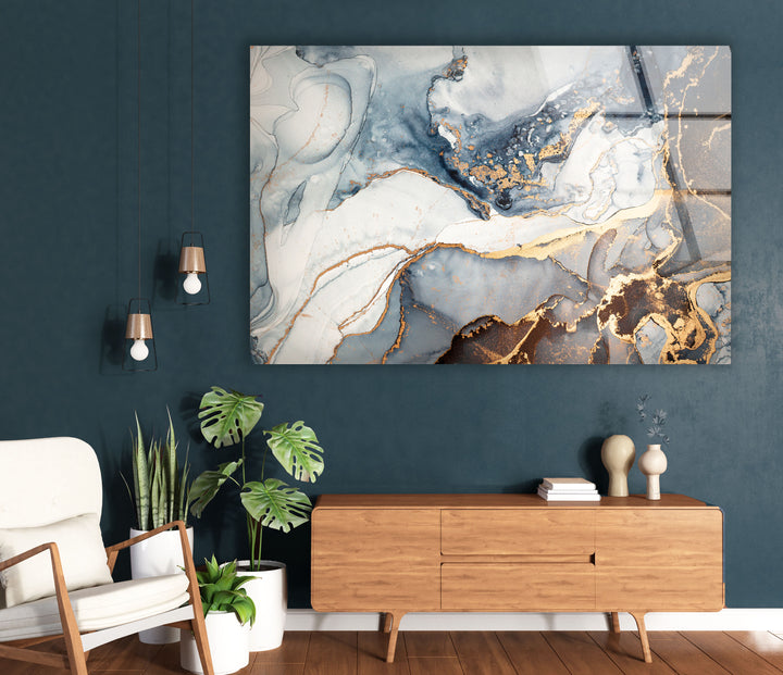 Luxury Blue & Gold Marble Wall Art – Elegant Abstract Glass Print