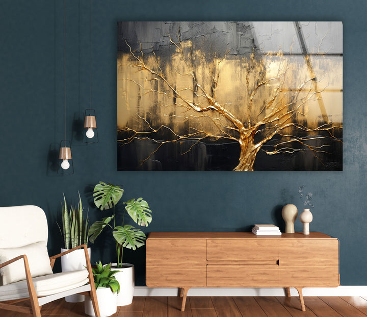 Gold Tree Wall Art – Elegant Abstract Nature Design on Glass