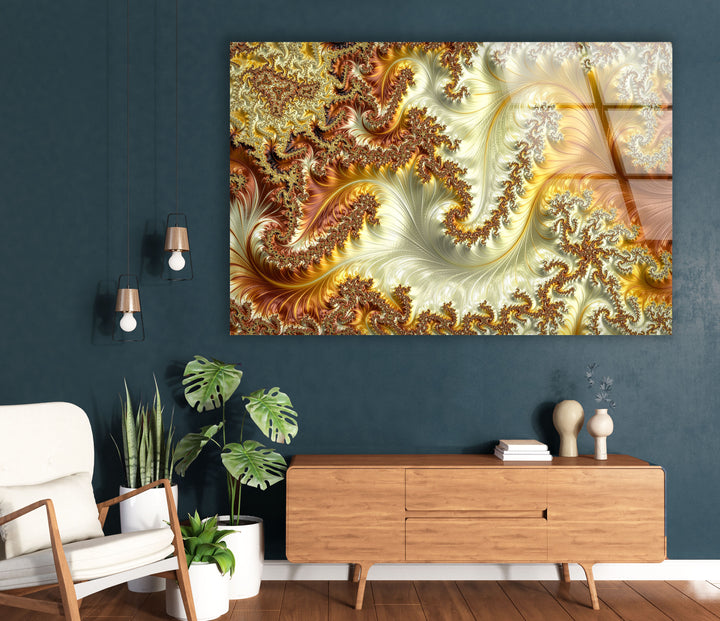 Goldene fraktale Wirbel Wandkunst – Abstrakter Spiralglasdruck 