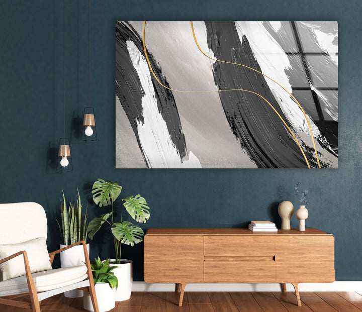 Monochrome Gold Abstract Wall Art – Glass Print for Modern Interiors