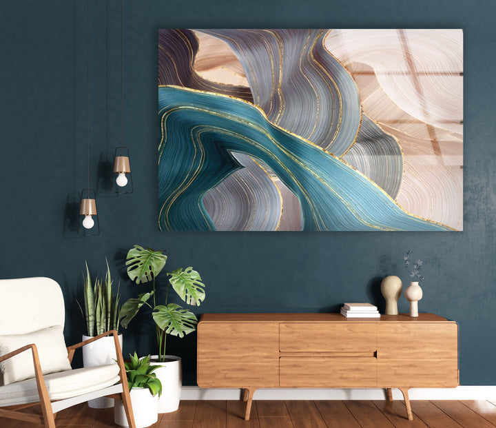 Goldene Adern Abstrakte Wandkunst – Blauer und beiger Glasdruck 
