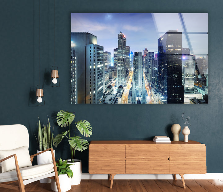 Glaswandkunst mit der Skyline von Chicago – Atemberaubender Nachtblick auf die Wolkenkratzer und Straßen der Innenstadt