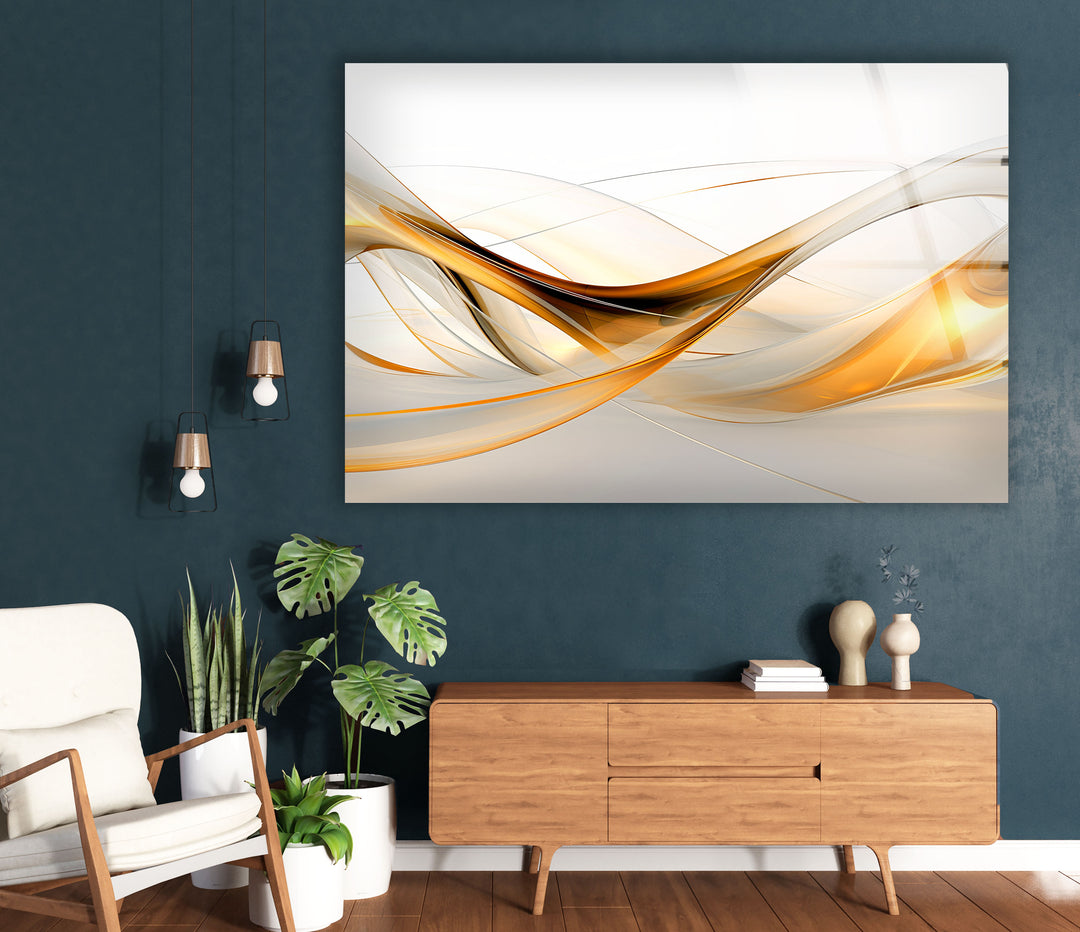 Golden Flow Abstrakte Wandkunst – Eleganter Glasdruck für modernes Dekor 
