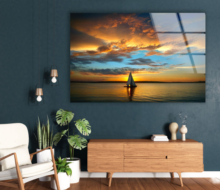 Golden Horizon Wall Art – Sailboat Sunset Glass Print