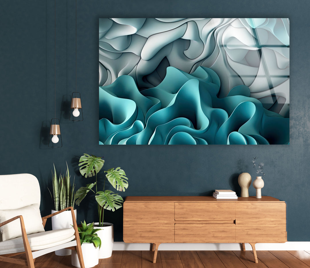 Aqua Dreamscape Wandkunst – Blaugrüner und grauer abstrakter Glasdruck 