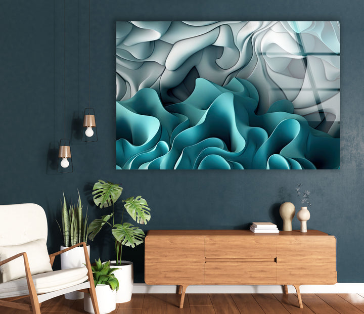 Aqua Dreamscape Wandkunst – Blaugrüner und grauer abstrakter Glasdruck 