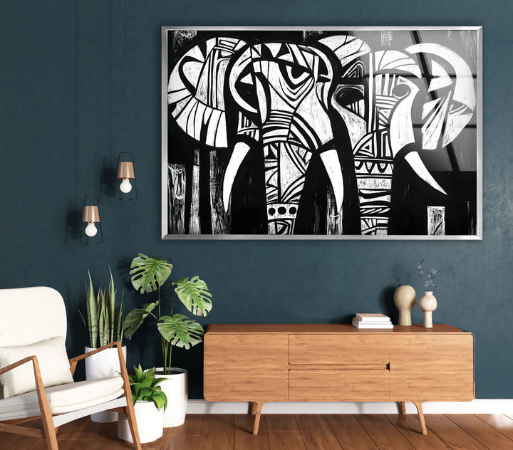 Elephant Black White Art Glass Wall Art photo print on glass, prints on glass wall art
