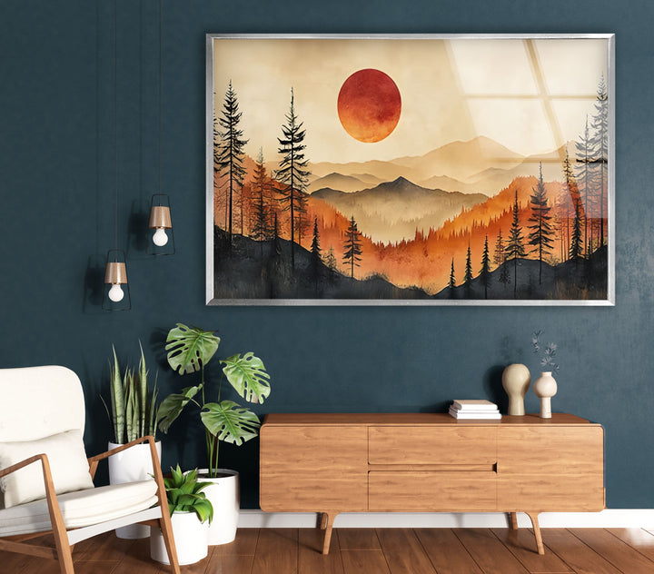 Elevate Your Decor with a Serene Mountain Sunset on Glass
