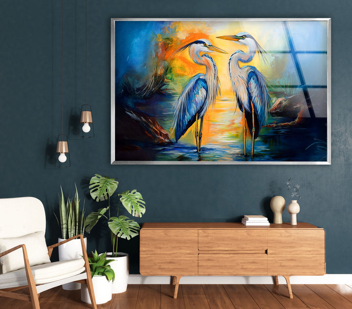 Sonnenuntergangsserenade – Romantisches Reiherpaar-Wandbild aus Glas