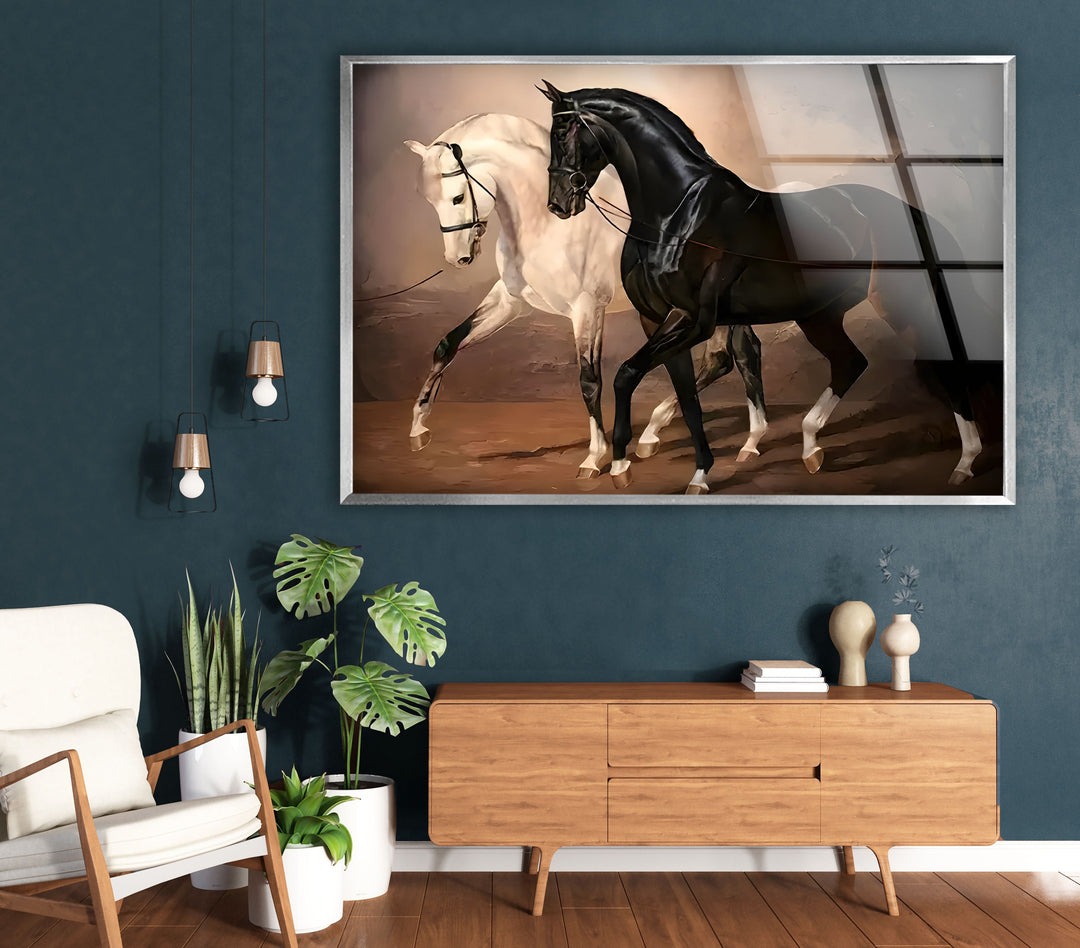 Horses Black & White Glass Wall Art photo print on glass, prints on glass wall art
