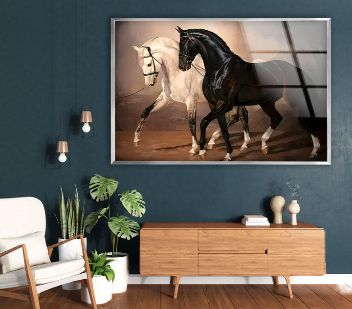 Horses Black & White Glass Wall Art photo print on glass, prints on glass wall art
