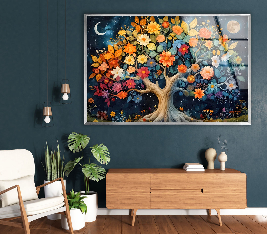 Colored Flower Tree Night Glass Wall Art picture on glass wall art, photos printed on glass
