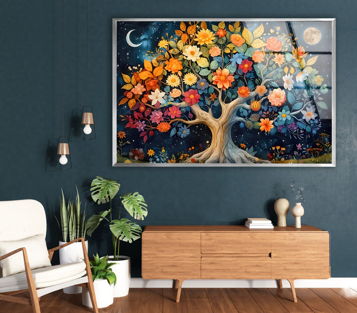 Colored Flower Tree Night Glass Wall Art picture on glass wall art, photos printed on glass
