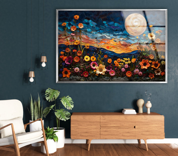 Oil Art Night Sunset & Flowers Glass Wall Art glass image printing, glass prints from photos
