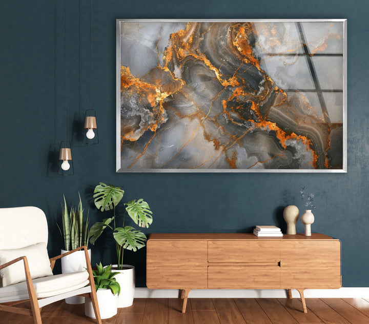 Marble Grey & Wood Glass Wall Art print picture on glass, Tempered Glass Wall Art

