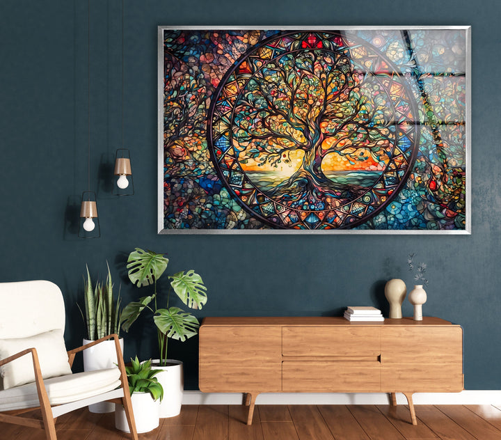Colored Tree Stained Glass Wall Art print picture on glass, Tempered Glass Wall Art
