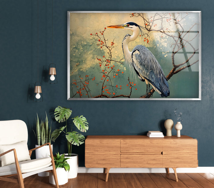 Blühende Gelassenheit – Reiher unter Blüten – Glaswandkunst