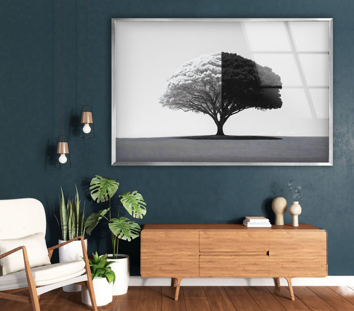 Black and White Tree Glass Wall Art glass art painting, glass art for the Wall
